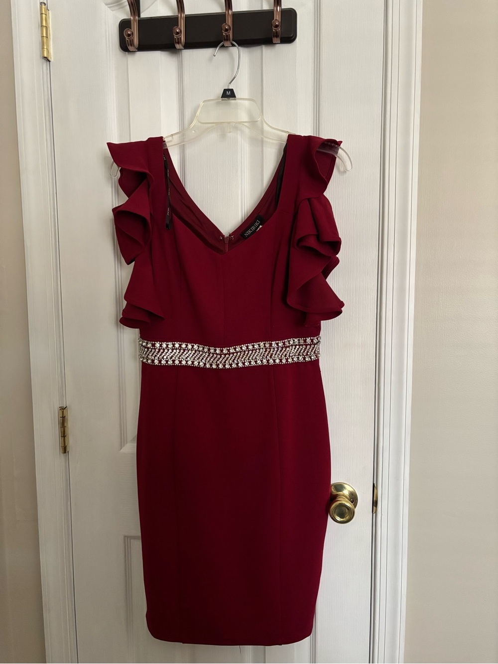 Nikibiki Burgundy Ruffle Midi Dress with Jeweled Waist